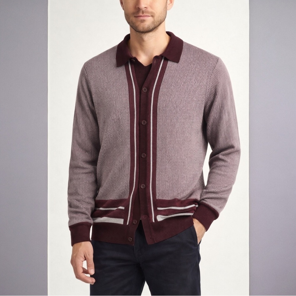 Report Collection Men’s Knit Button-Down Polo Sweater Burgundy large